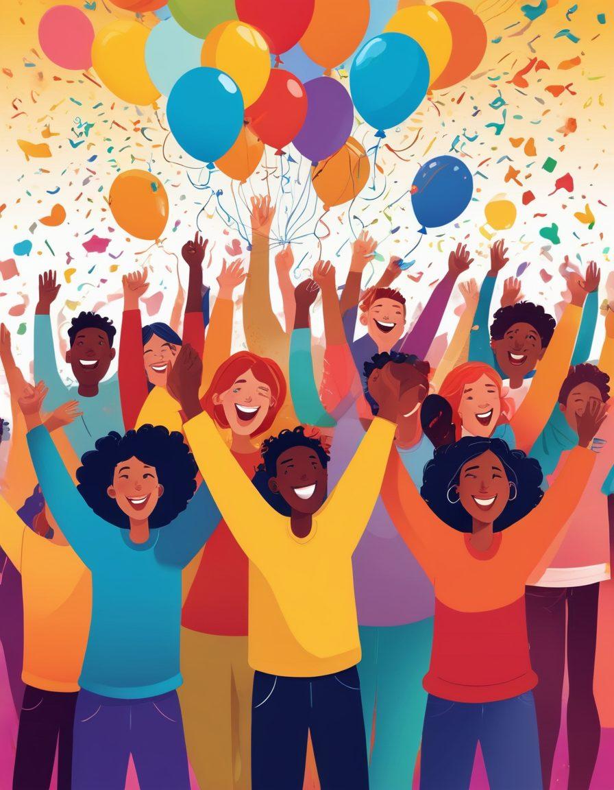 A lively and colorful illustration featuring a diverse group of happy people celebrating together in a virtual community. They are surrounded by uplifting symbols such as balloons, confetti, and digital devices showcasing joyful interactions. The background should radiate positivity with bright, vibrant colors and abstract shapes representing connection and happiness. The atmosphere should feel inviting and inspiring, evoking a sense of community and joy. vector art. vibrant colors.
