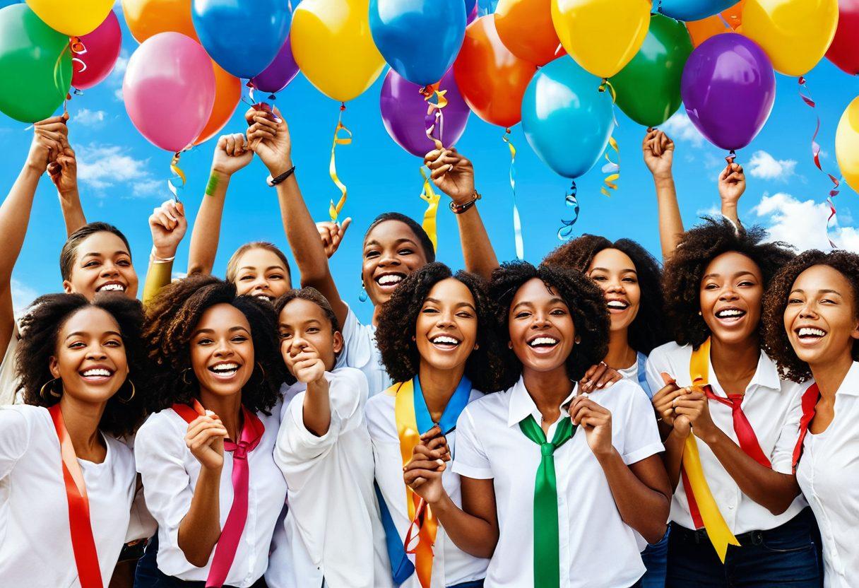 A vibrant, smiling group of diverse individuals connected by colorful ribbons, symbolizing unity and joy. The background features uplifting elements like balloons and a sunny sky to enhance the cheerful atmosphere. Prominent banners with the words 'Tika Network' create a sense of community. Include playful elements like confetti and laughter to evoke a feeling of happiness and togetherness. super-realistic. vibrant colors. white background.