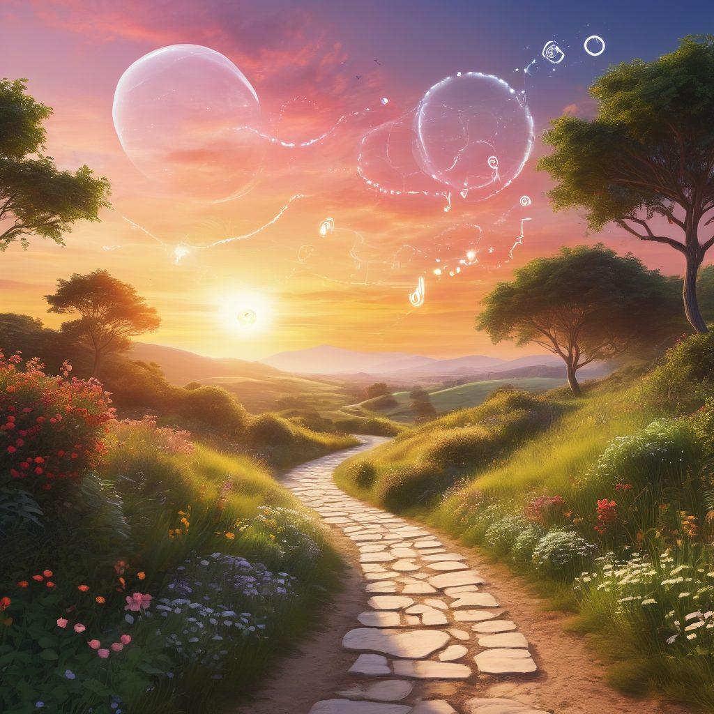 A serene landscape depicting a winding path leading through lush greenery, with digital elements like floating icons of connectivity (like Wi-Fi signals and chat bubbles) integrated into the scenery. A diverse group of people is engaging joyfully along the path, symbolizing connection and unity. The sky is painted with warm, soft colors suggesting sunrise, symbolizing new beginnings. super-realistic. vibrant colors. warm lighting.
